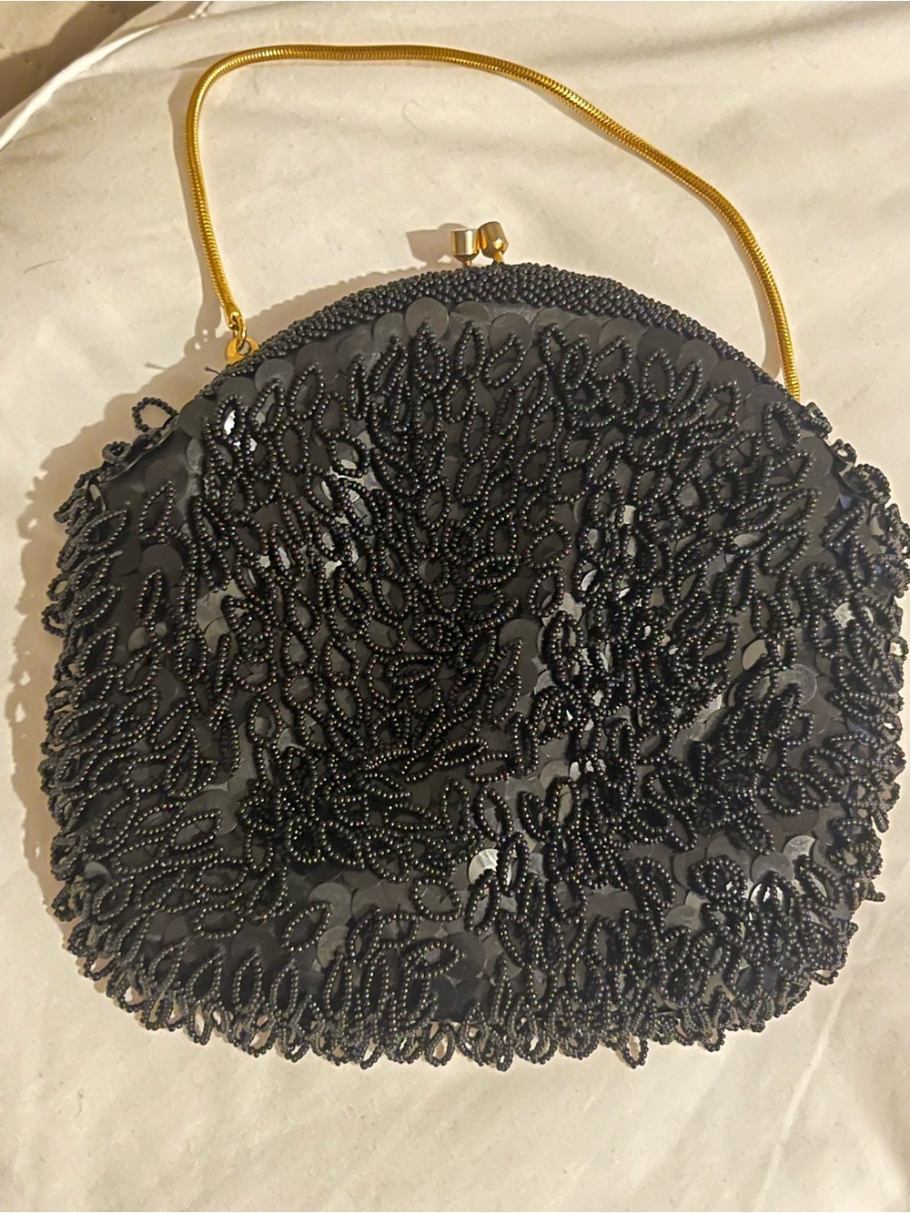 Vintage Black Beaded Sharonee Evening Handbag with Gold Handle